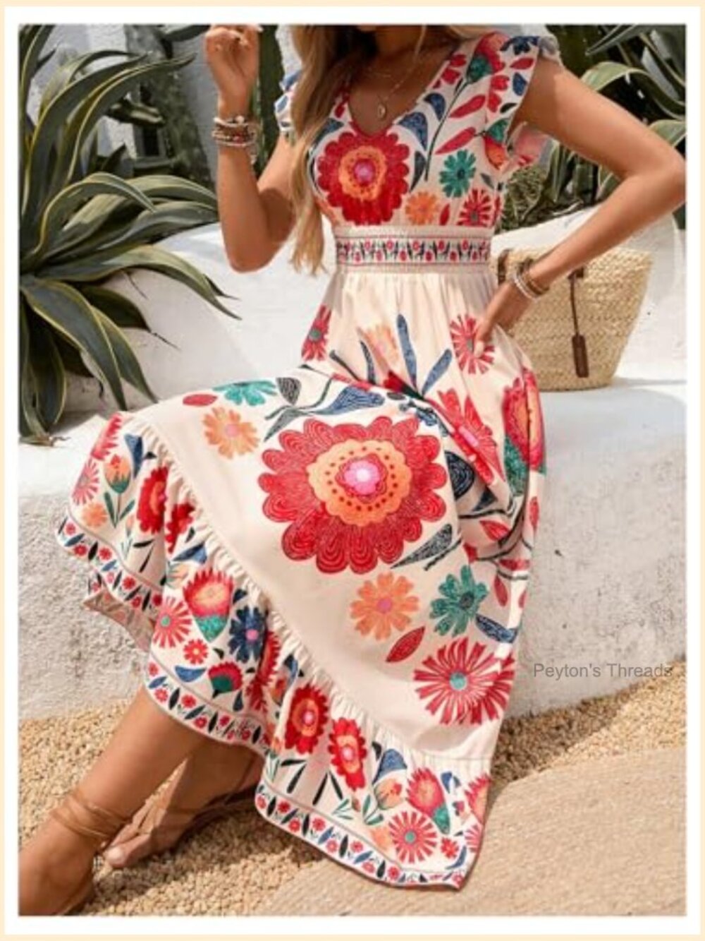 Boho Floral Maxi Dress V Neck Ruffle Cap Sleeve Flowy Sundress Summer - Picture 3 of 5